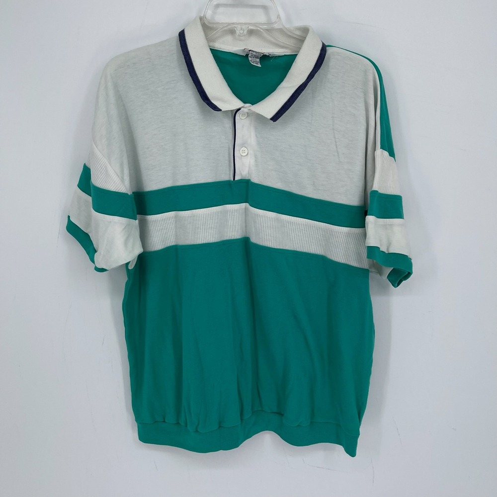 Action Men's Vintage Teal White Colorblock Striped Polo Top Shirt Plus Size 2X